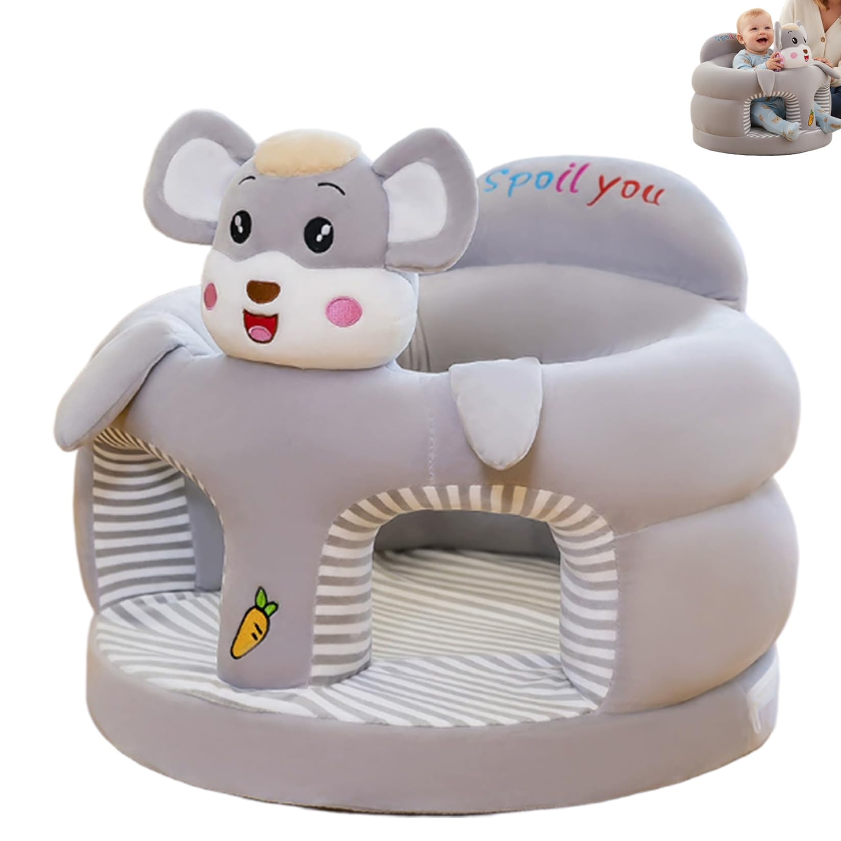 Tsawntd Baby Sit Up Chair, Adorable Elephant Design Infant Sit Up Chair with Ergonomic Support for Sitting Practice, Soft Plush Floor Seat for Babies and Infants, Grey Baby