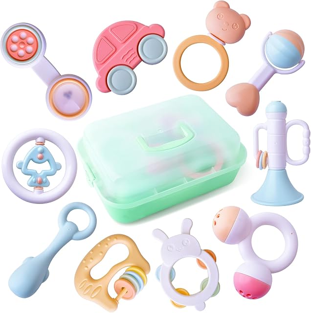 GizmoVine Baby Boys 0-6 Months Rattle Teething Toys with Storage Box,10 Pcs BPA Free Teether Toy Newborn Baby Sensory Toys Gifts 3 6 9 12 Months for Early Educational