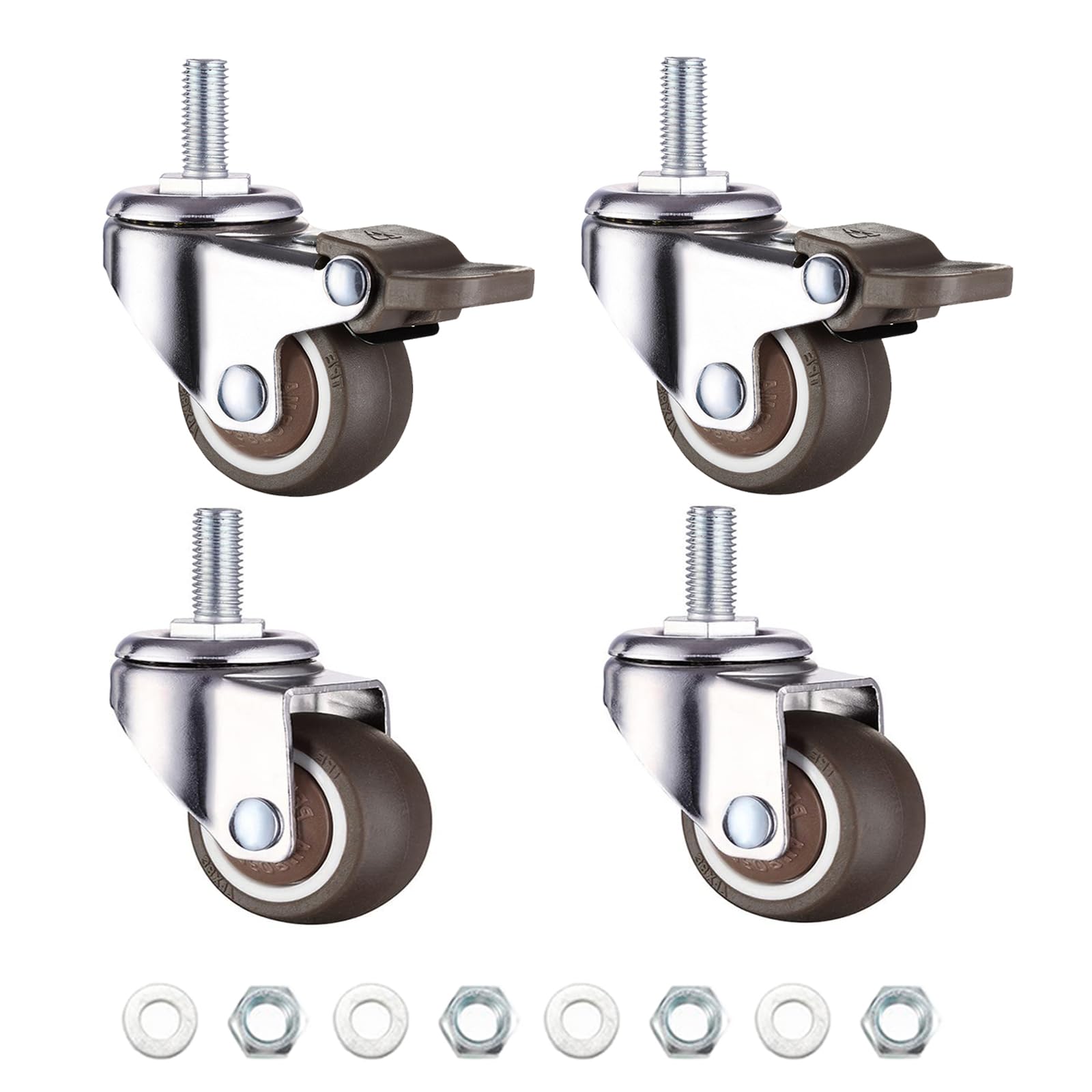 WANLIAN M6 Threaded Stem Casters Set of 4 Heavy Duty Swivel Wheels with Brakes, TPE Rubber Small Screw Caster Wheels for Furniture Tiny Cart Standing