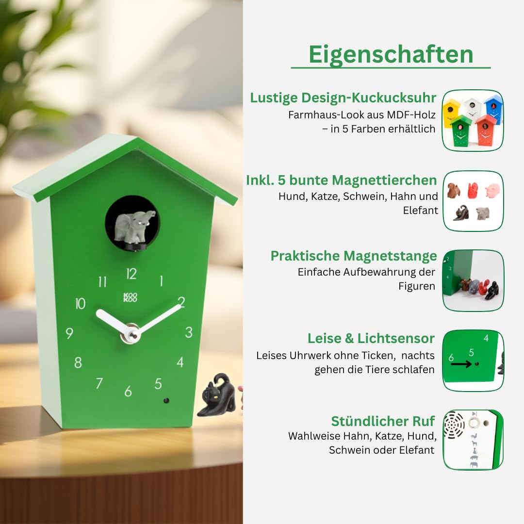 KOOKOO AnimalHouse Grün, Moderne kleine Kuckucksuhr mit 5 Bauernhoftieren, Aufnahmen aus der Natur. Hat EIN freundliches und modernes Design.