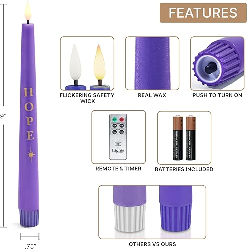 Miniatura 4 de LampLust Velas de Adviento sin llama, funcionan con pilas, juego de 4 velas de Adviento de cera real, 9 pulgadas de alto, llamas 3D realistas y
