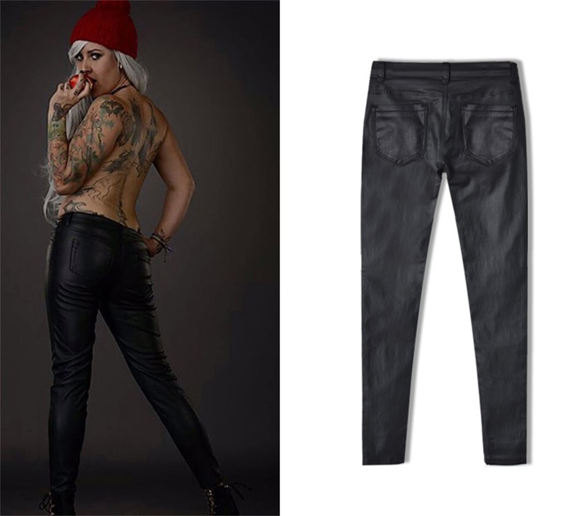 Generisch JIER Damen Lederhose Sexy Skinny Bikerhose PU Leder Look mit Reißverschluss Biker Pants Leggings Große Größe Jeanshose Denim Bleistift Hose Jeanshose