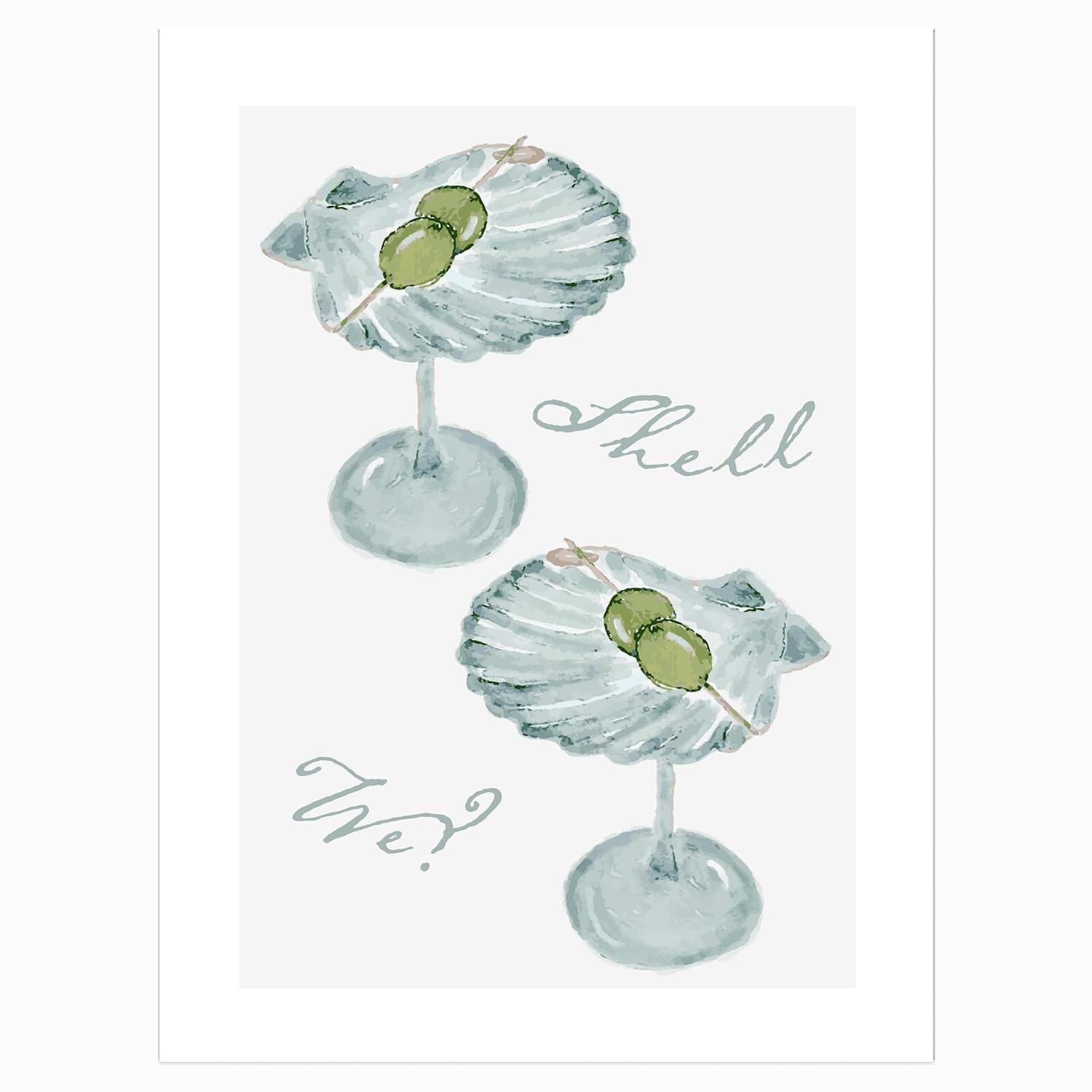 Seashell Martini Print, Dirty Martini Art Print,Bar Cart Art Print, Cocktail Art Print, Oyster Print, Shell Art Print，Restaurant Kitchen Bar Bar Cart Wall Decor 12x16inch Unframed