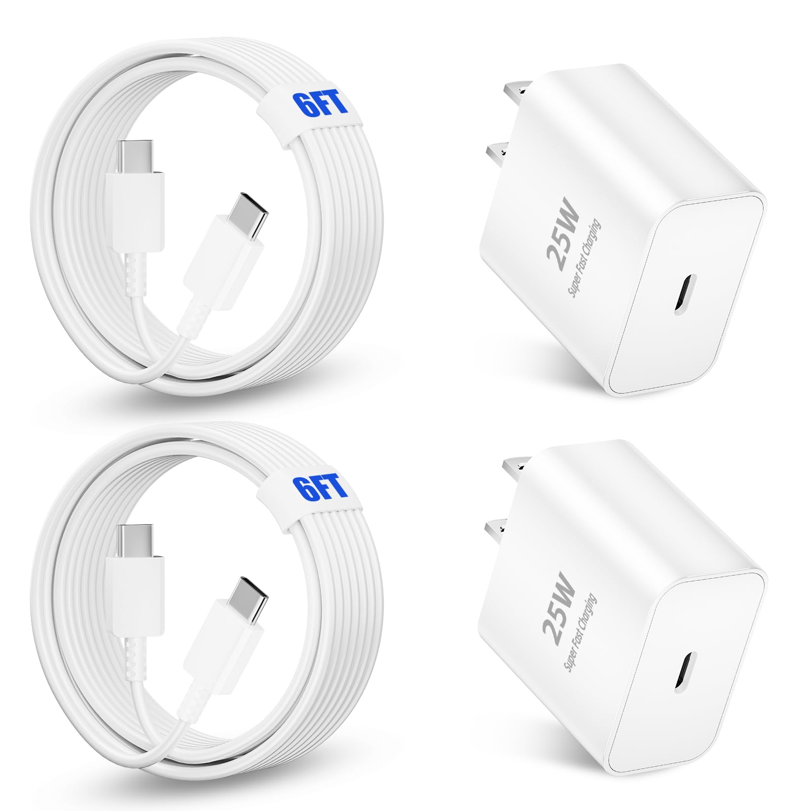 25W Type C Super Fast Charger,Fast Charger USB C with 2 Pcs 6FT Android Charger Cable Cord Suitable for Samsung Galaxy S25/S24 S23 S22 S21 Ultra/S20/S20 Ultra/Note 20 Ultra (25 W White)