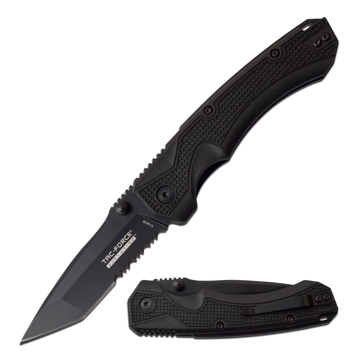 Tac Force EvolutionSpring Assisted Pocket Knife - Black Stainless Steel Tanto/Serrated Blade with Black Nylon Fiber Handle and Pocket Clip - TFE-A019T-BK