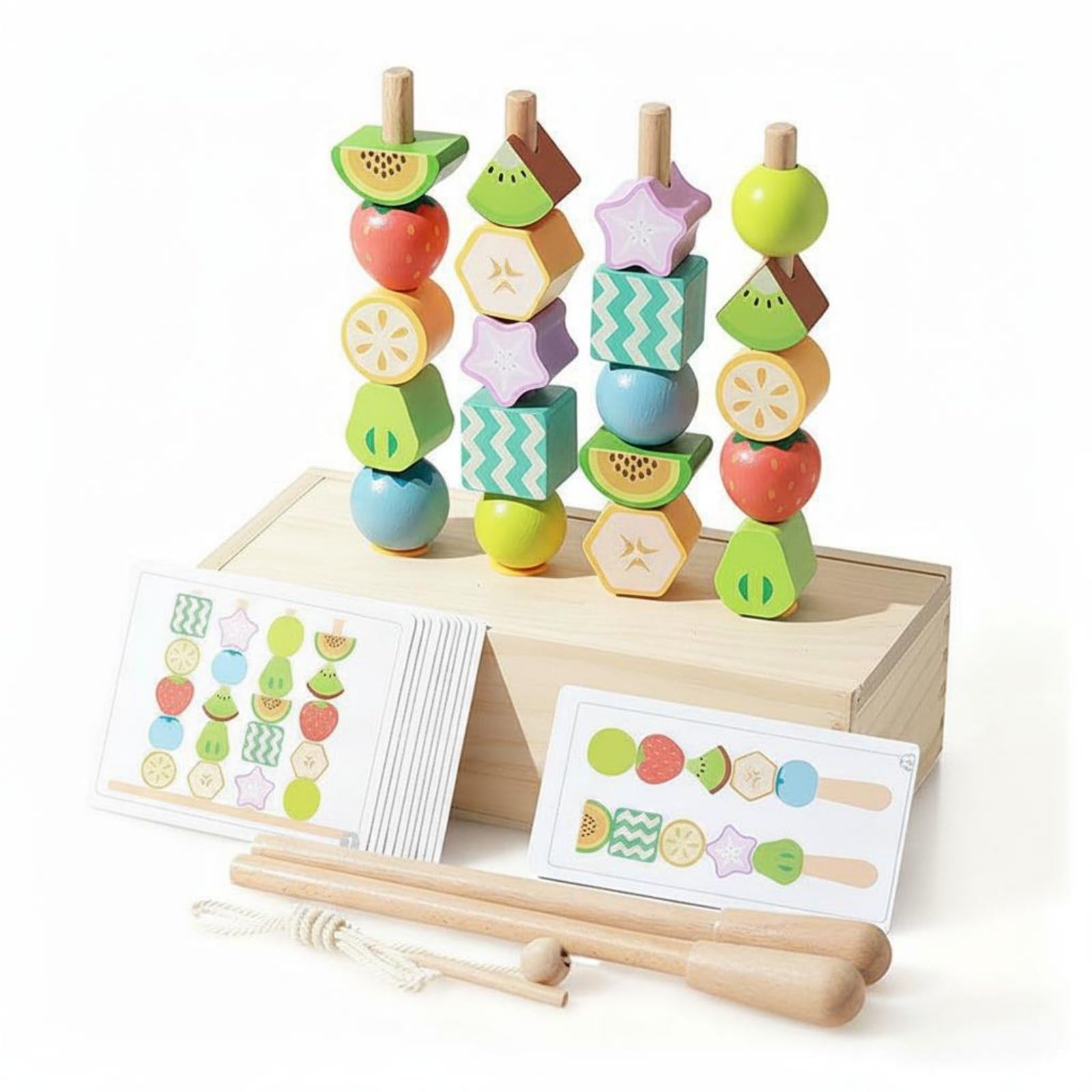 Perline Educative Bambini Set Gioco Legno Frutta Perline Infilare Ordinare Sequenze Carte Attrezzi Infilatura Apprendimento Pratico Motricità Fine Faggio Adatto per Casa Asilo Aula