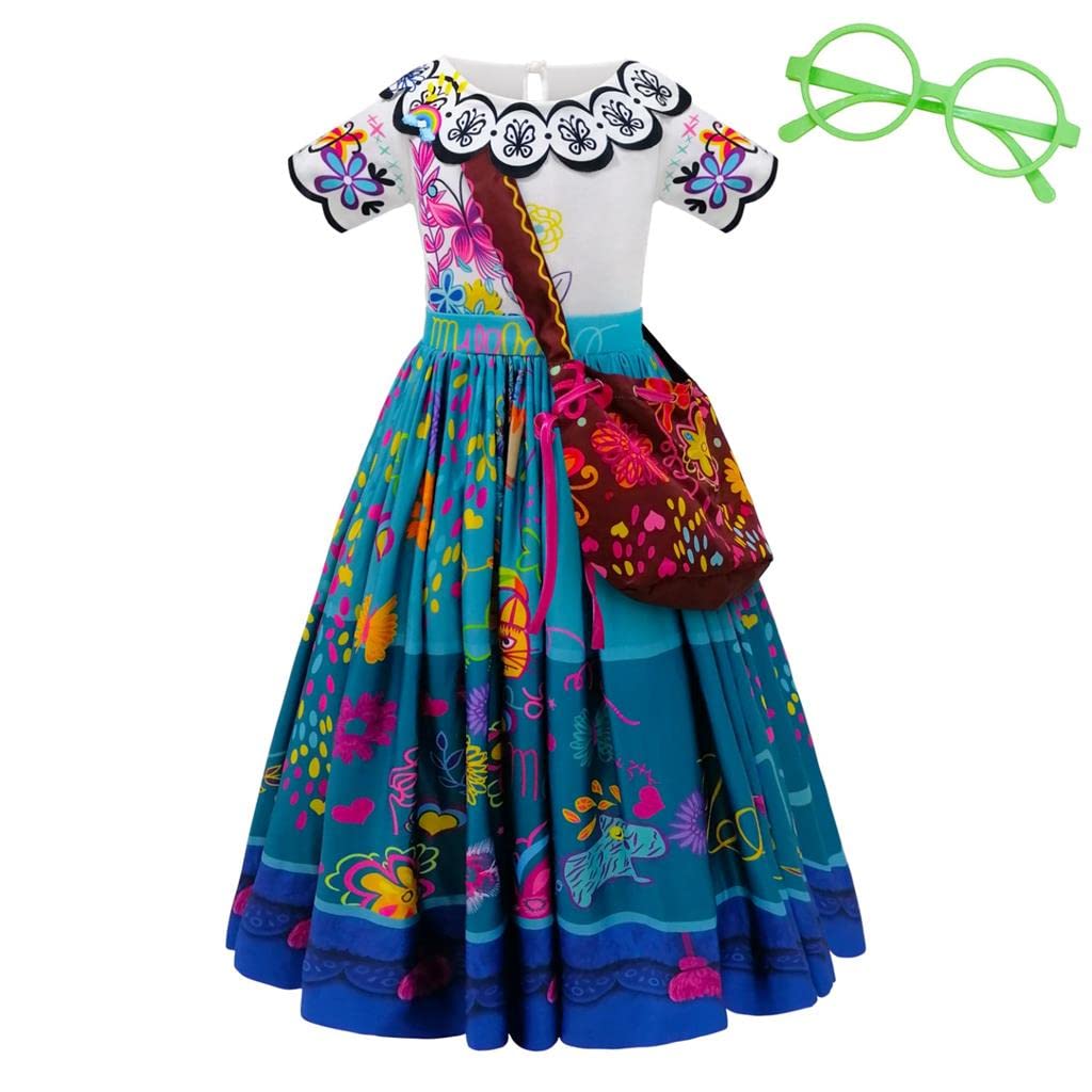 Lito Angels Disfraz de Encanto Vestido de Mirabel con Bolso y Gafas Verdes y Peluca para Niñas, Talla 2-9 años, Manga Corta
