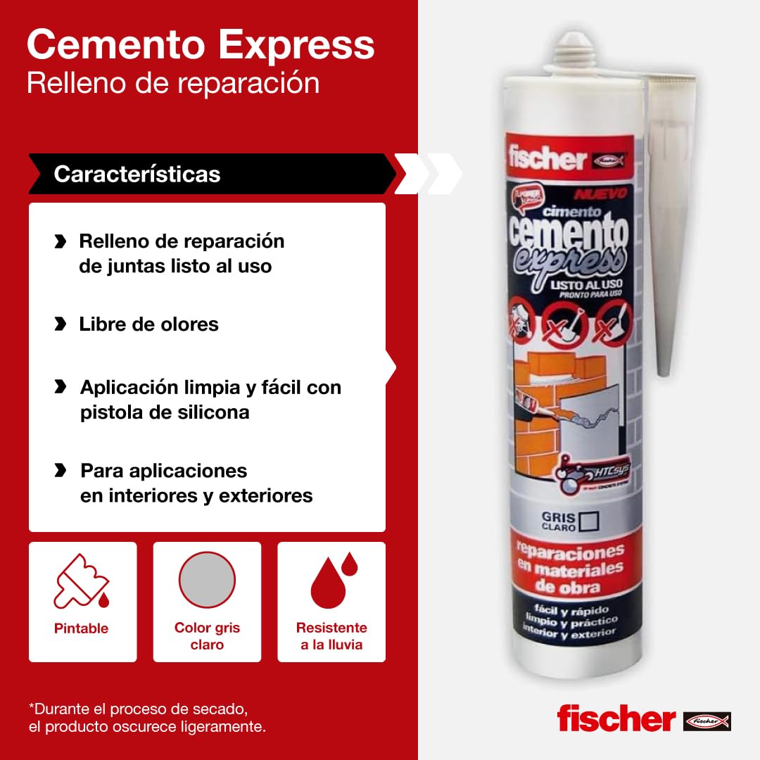 fischer - Cemento Express 310ml Gris Claro | Relleno de Reparación de Juntas | Uso Interior y Exterior | Aplicación Fácil con Pistola de Silicona | Resistente a la Lluvia, Multicolor, 310 ml