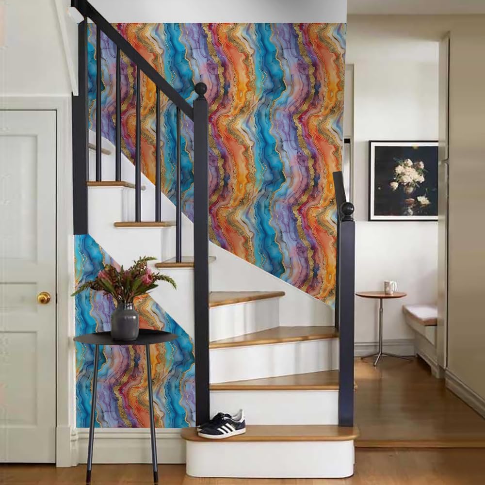 18"x236" Rainbow Multicolor Marble Fluid Modern Peel and Stick Self Adhesive Wallpaper Removable Contact Paper Stick on Easy Peel Off Wall Paper for Kitchen Bedroom Bathroom Renter