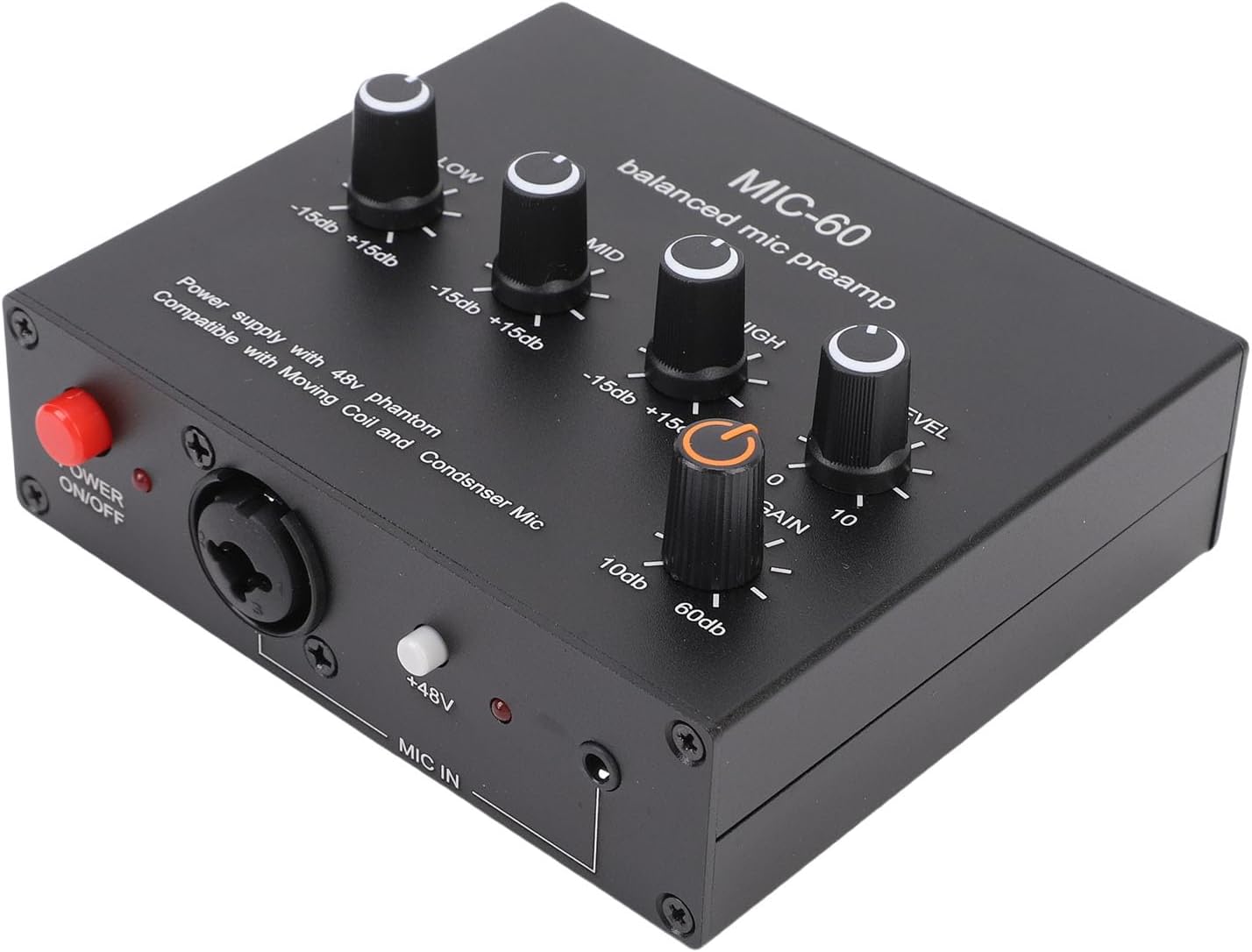 Generic Microphone Preamp, High Gain Rechargeable Mic Booster with 3.5mm 6.5mm XLR Intput Output 60db Gain Condenser and Dynamic Mic Preamplifier with 48V Phantom Power