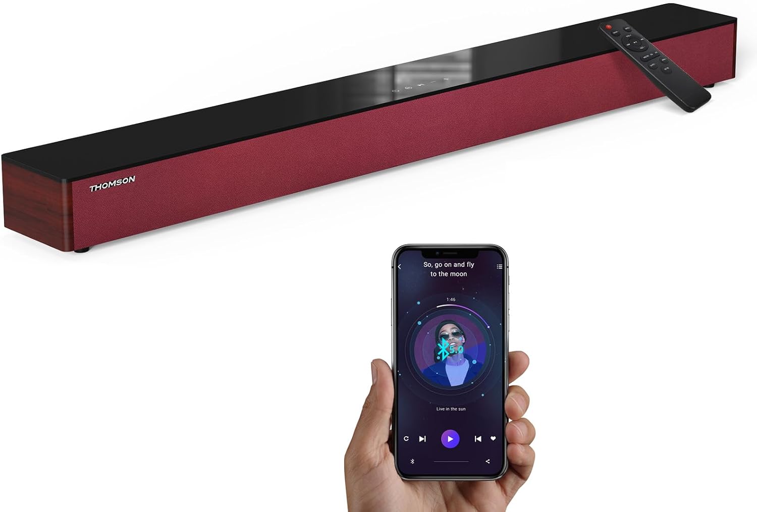 THOMSON Bluetooth 5.3 Sound Bars for Smart TV, Soundbar TV Speakers Home Theater Surround Soundbar for TV/PC/Gaming/Projectors, ARC/Optical/AUX/USB Connections with Remote (Red)