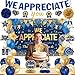 DARUNAXY We Appreciate You Decorations, Blue Gold Thank You All You Do Banner Backdrop Honeycomb Hanging Swirl Confetti Balloons for Retirement Office Coworker Staff Teachers Nurse Appreciation Gifts