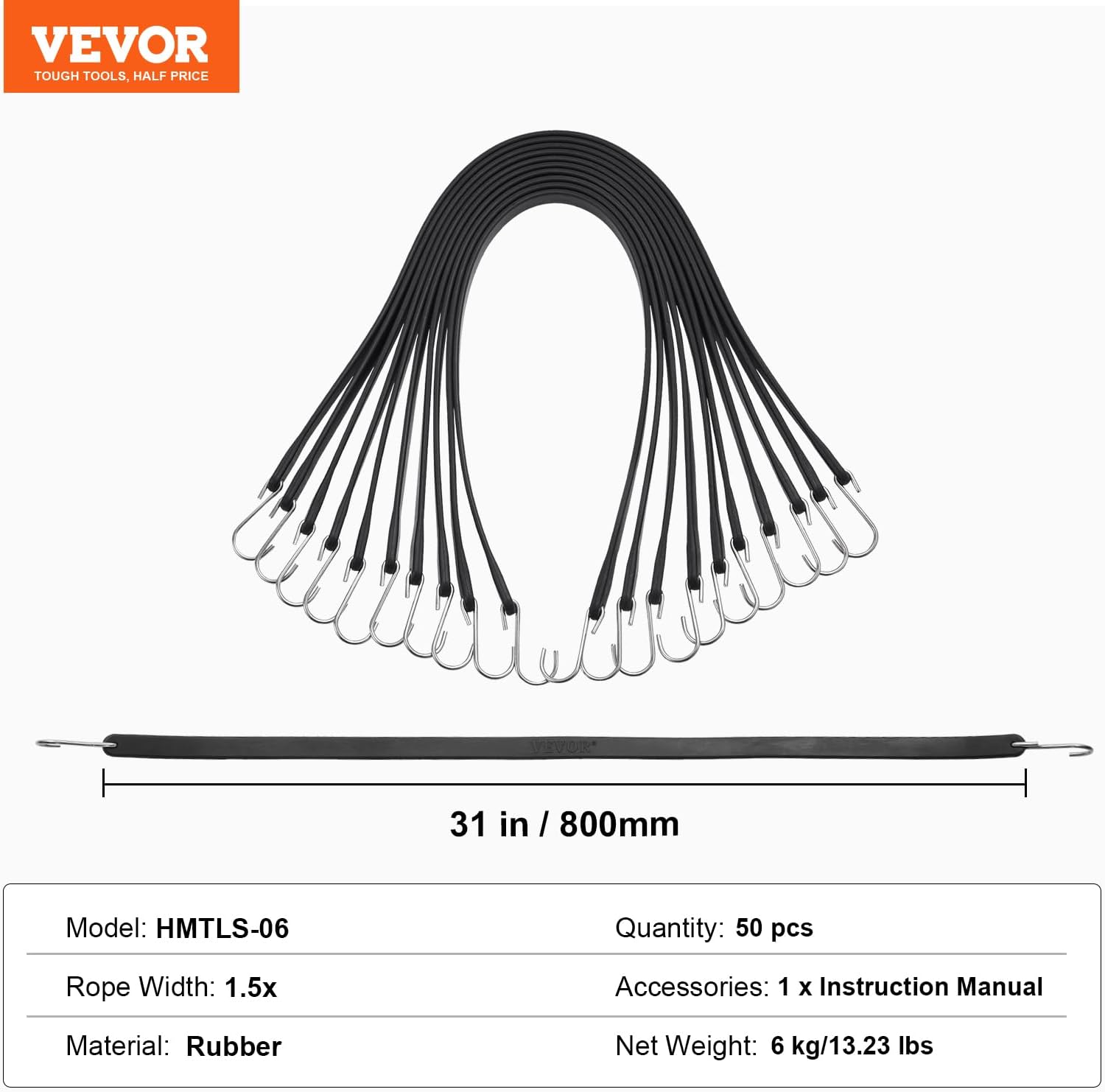 VEVOR 31" Rubber Bungee Cords, Weatherproof EPDM Rubber Tie Down Straps with Crimped S Hooks, Heavy Duty Outdoor Tarp Straps for Securing Flatbed Trailers, Canvases, Cargo, and More (50 Pack)