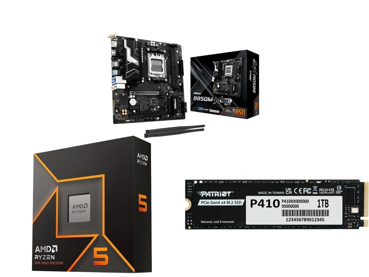 NEWEGG Motherboard CPU SSD Combo - B850M-X Micro ATX Motherboard Bundle with Ryzen 5 9600X 6-Core 3.9 GHz CPU and P410 M.2 2280 1TB SSD P410P1TBM28H