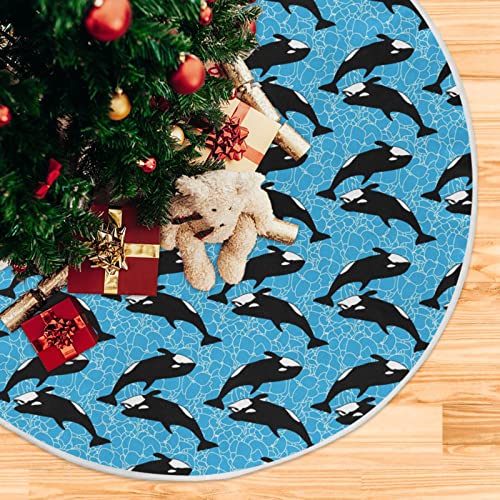 Orca Killer Whale Christmas Tree Skirt 35.4/47.2 Inch Large, Double Layer, With Felt Fabric Lining, Tree Mat For Xmas Holiday Party Decoration #TOP3