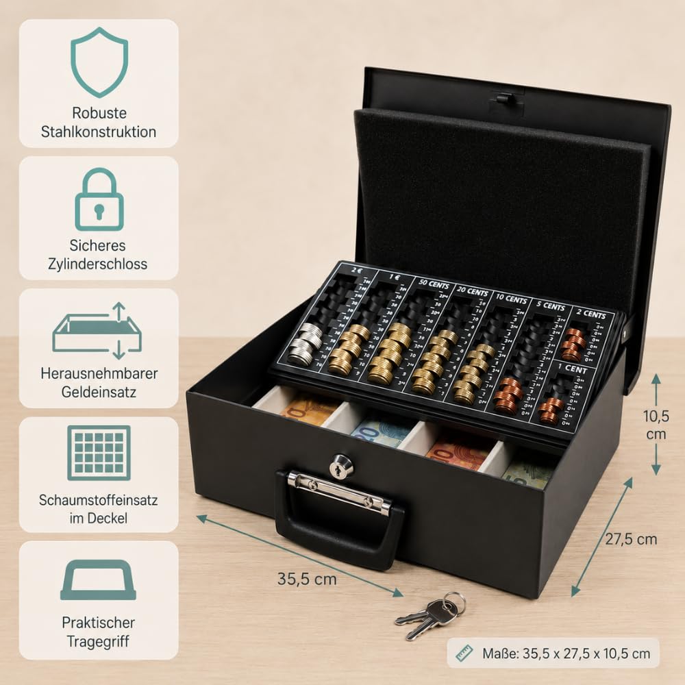 hjh OFFICE Geldkassette SAFE I – Abschließbare Stahl-Geldkassette mit Euro-Münzbrett, Banknotenfächern und Tragegriffen, für Bargeld, 35,5 x 27,5 x 10,5 cm