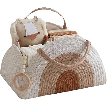 Baby Nappy Caddy Organiser Changing Table Organiser with Compartments and Handles Portable Changing Bag Organiser Basket Changing Organiser for Baby Shower Gift and Gift Baby Shower White Brown