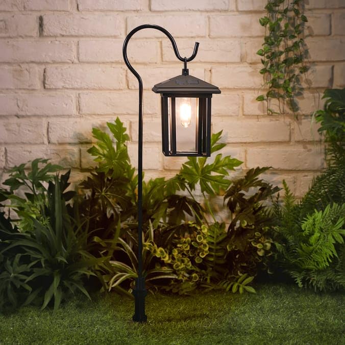 New Solar Powered Black Stunning Hanging Sheprd's Hook Lantern Solar Light with Rechargeable Batteries and Warm White LEDs Outdoor Pathway Garden Decor -G15