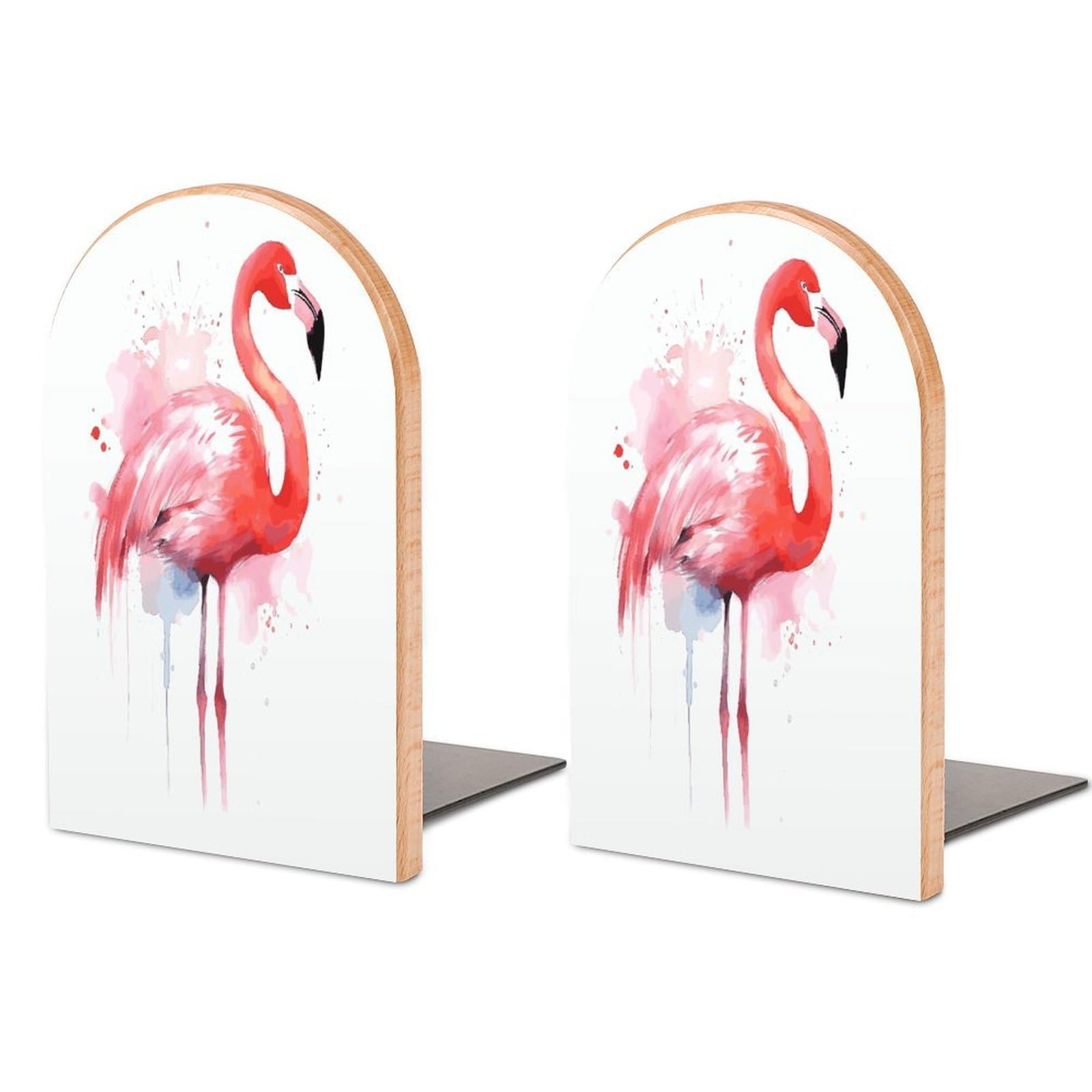 Pink Flamingo Watercolor Bookends Modern Bookends for Shelves Fashion Heavy Duty Book Stopper Sturdy Non-Skid Metal Base Wood Book Ends for Library Home Office 1 Pair