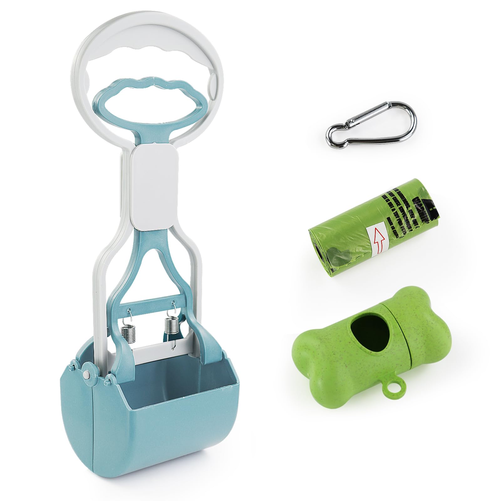 Andiker Dog Pooper Scooper with Short Handle, 10.26 High Dual Spring Pet Pooper Scooper with 1 Roll of Dog Poop Bag and One Dispenser Easy to Use Dog Poop Scooper (Blue)