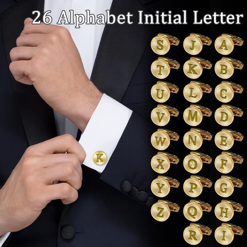 Initial Gold Cufflinks for Men Gold Letter Cuff Links Personalized Classic Mens Copper CuffLinks Set Letter Cufflinks for Casual to Formal Gift for Groom Husband Father Boyfriend (K)