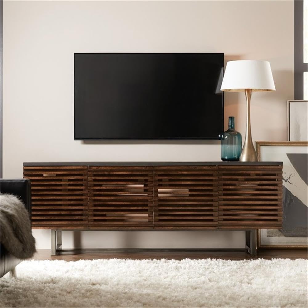 Solstice 78" TV Stand in Medium Brown Wood and Dark Gray Top by Hooker