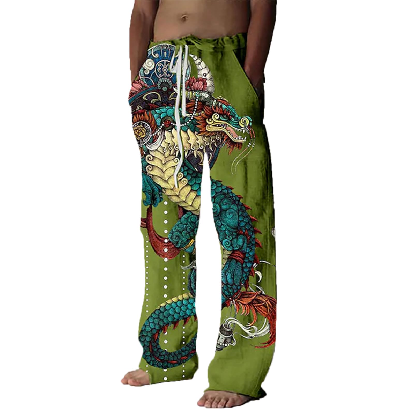 Keephen Men's # 3 Pajama Lounge Pants Dragon Print Drawstring Comfy Casual Stretch Palazzo Bottoms Wide Leg Pants
