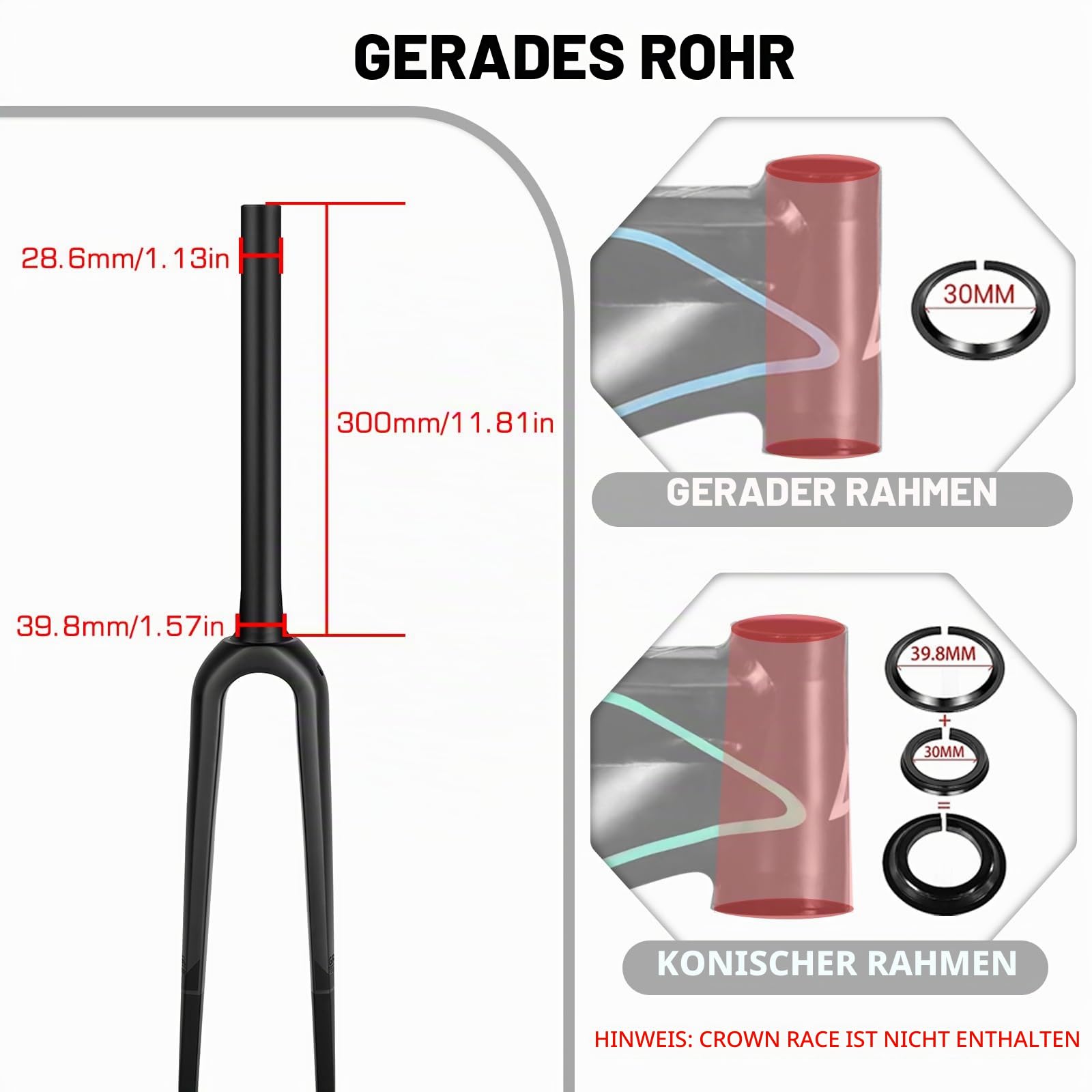 BUCKLOS Gravel 700C Kohlefaser Rennrad starre Gabel, QR 9 mm/100 x 12 mm Steckachse, 1-1/8 gewindeloses konisches Rohr, superleichte Fahrrad-Frontgabeln