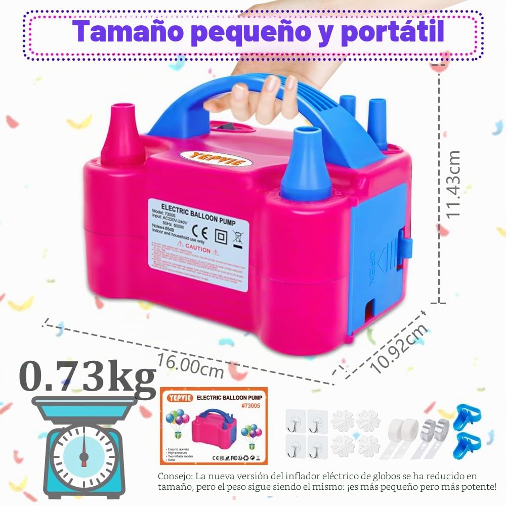 Bomba de globos eléctrica, 600W Kit de bomba eléctrica de globos con 14 kits de guirnalda de globos, 2 modos de inflado y doble boquilla Bomba de globos eléctrica portátil para decoración de
