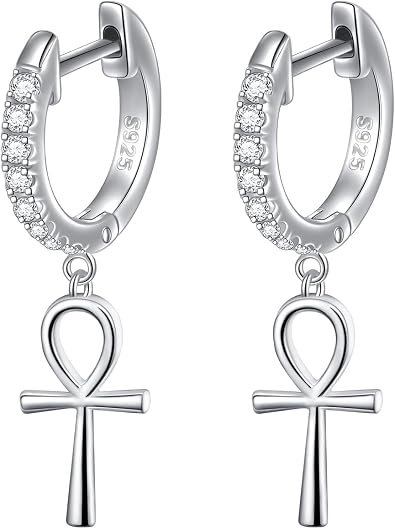 S925 Sterling Silver Ankh Cross Huggie Hoop Dangle Drop Earrings | for Women Men Easter Jewelry