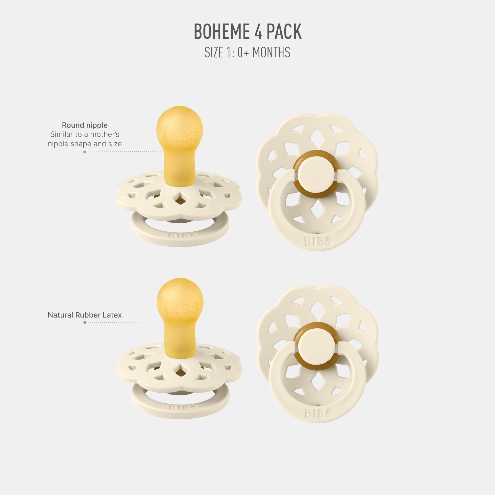 Photo 1 of BIBS Boheme Pacifier, 0-6 Months, 4-Pack, Round Nipple, Ivory