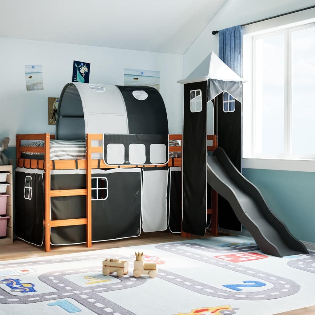 vidaXL Kids' Loft Bed with Slide, Tower, and Tunnel - Mid Sleeper Pine Wood, Black/White 205.5x93x113.5 cm