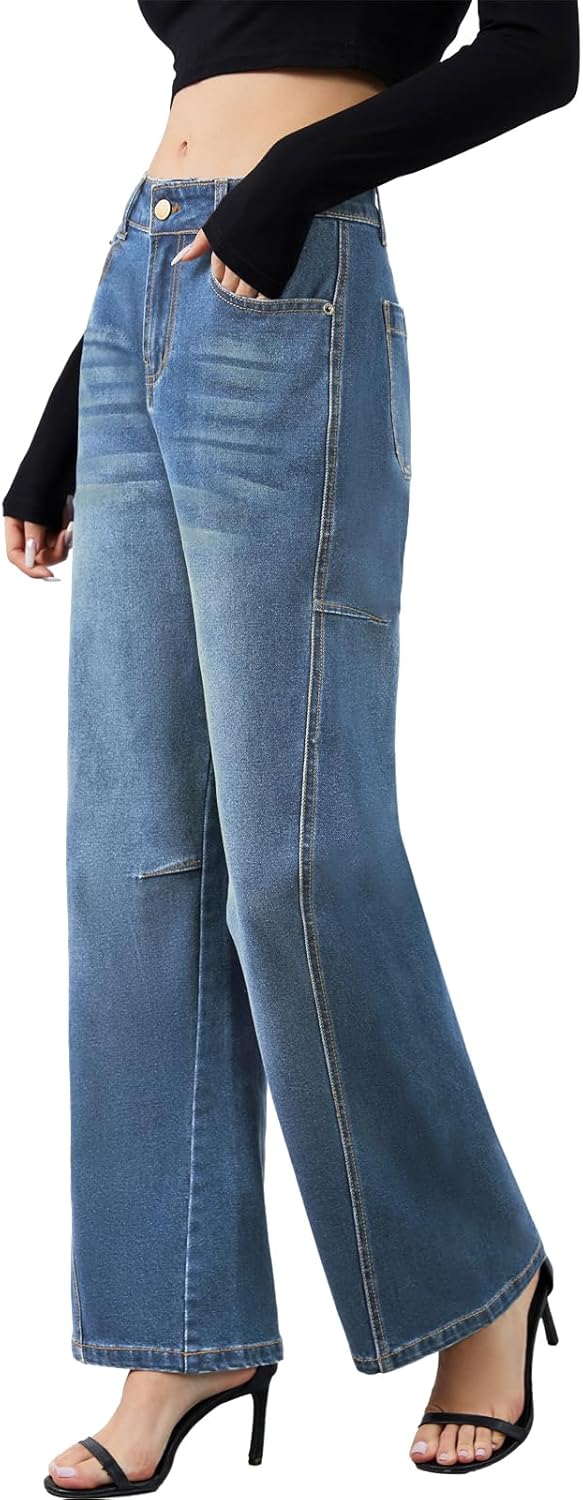 Metietila Women’s Baggy Jeans High Waisted Wide Leg Jeans Patch Pocket Stretch Denim Pants Casual Comfort - Image 2