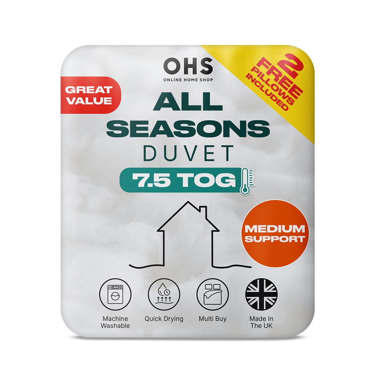 OHS 7.5 Tog Double Duvet and 2 Pillows All Seasons Duvet Double Quilt White