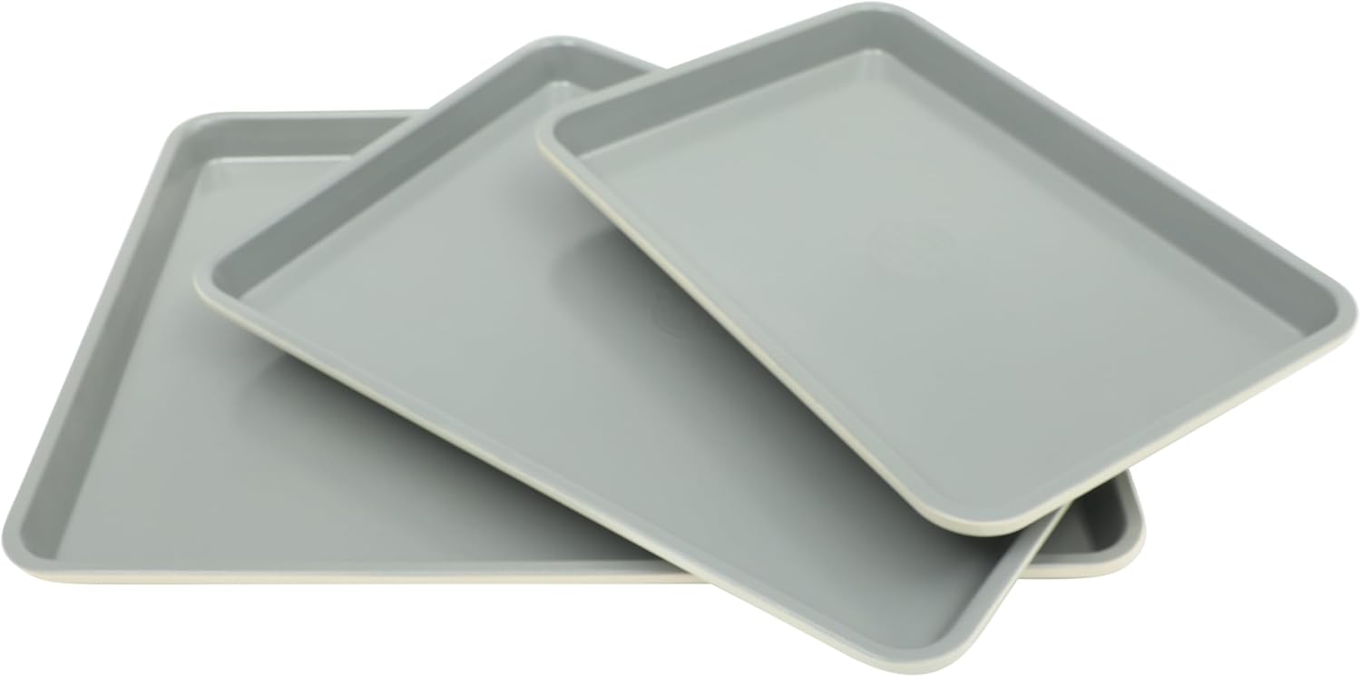 Sur La Table Kitchen Essentials Bake Sale 3-Piece Cookie Sheet Set – Nonstick Carbon Steel Baking Pans (13, 15, 18 Inch) – Grey Easy-Clean Oven Trays for Cookies, Roasting & More