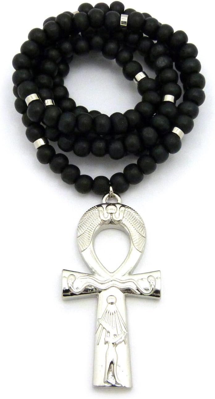 Fashion 21 Egyptian Ankh Cross Pendant 8mm 36" Wooden Necklace in Gold, Silver, Hematite Tone