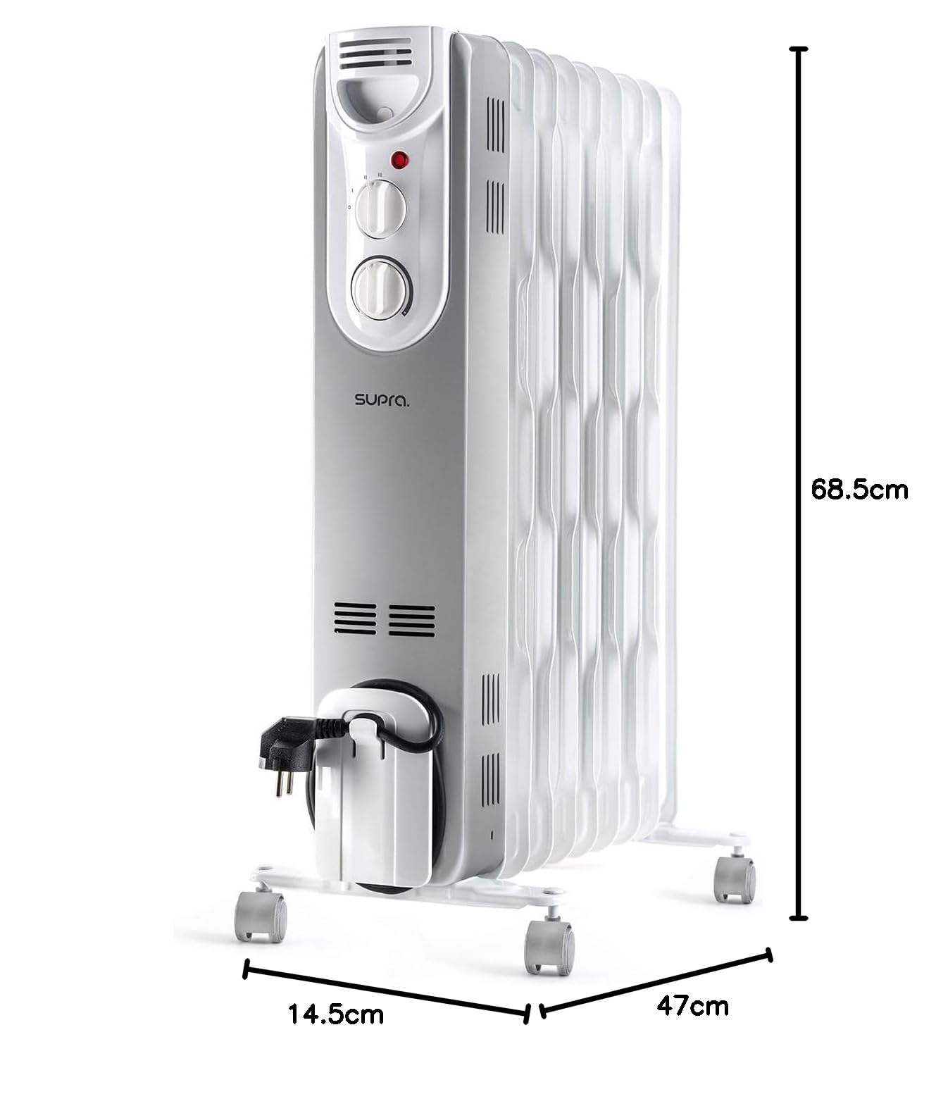 SUPRA ORSO 2000 - Radiateur à huile 2000W, 3 puissances, jusqu'à 20m2, Roues, poignée de transport, anti-basculement, thermostat mécanique, témoin lumineux de fonctionnement, blanc.