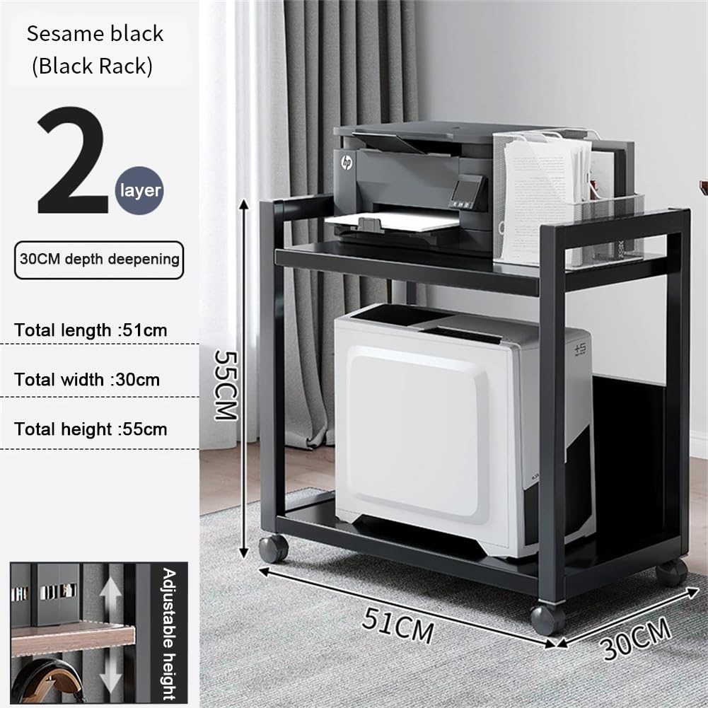 Soporte para Torre de Ordenador de 2 Niveles, Altura Ajustable con Ruedas, Soporte para CPU de PC, Mesa de Impresora de Metal para Salón, Dormitorio, Estudio,Oficina, 51 x 30 x 55 cm