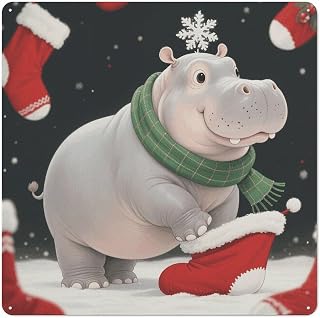 Christmas Hippo Square Iron Wall Decor Vintage Farmhouse | Metal Wall Art Tinplate Hanging Sign for Living Room, Patio, Bedroom, Garden - Rustic Retro Home Wall Decoration