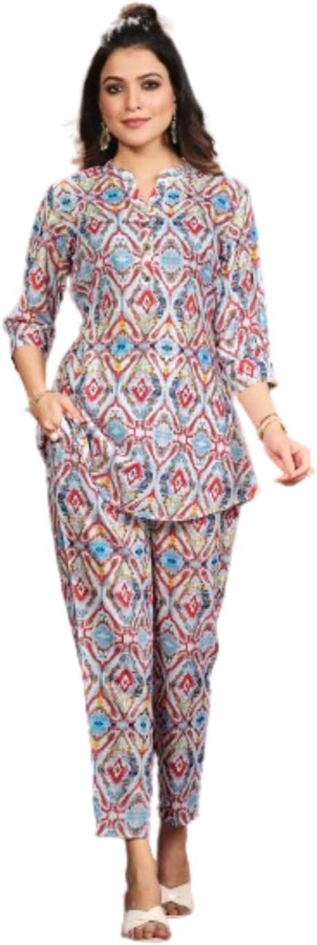 NAINVISH Women's Polyester Printed Cord Set | Ethnic Co Ord Set | Casual Wear Pant Top Set | Fancy Co-Ord Set | Full Pair Set | Kurta Sets Kurtis | Kurta Pant Set | Coord Sets
