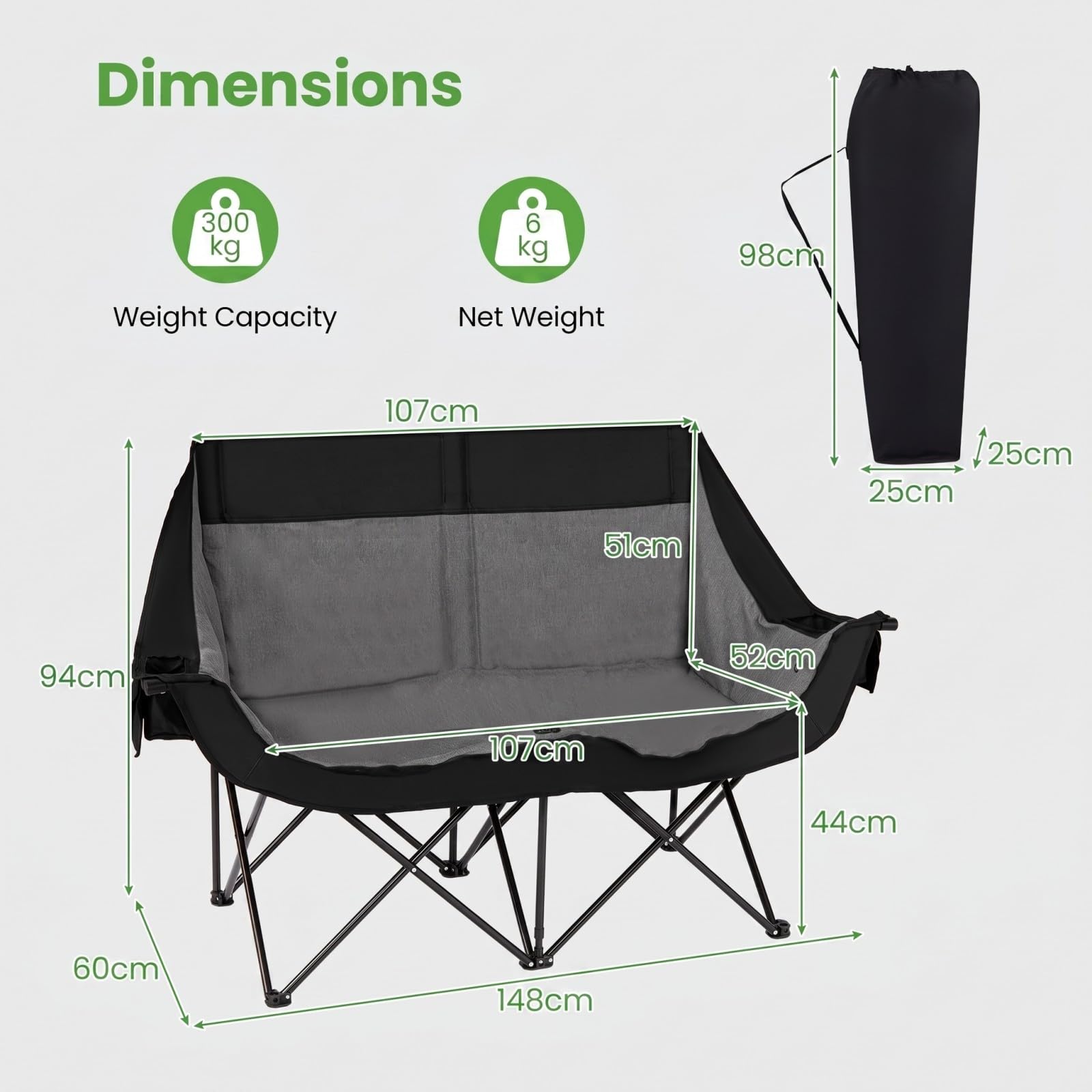 GOPLUS Silla de Camping para 2 Personas con Calefacción,Carga 300 kg | Sillón Plegable Acolchado con 3 Niveles de Calefacción, Portavasos, Bolsillos y Bolsa de Transporte para Campaña y Jardín