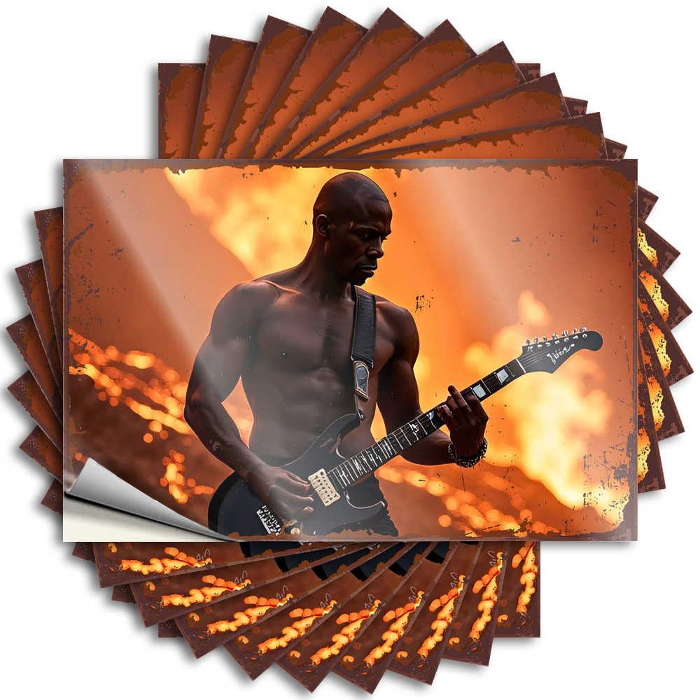 Farm Kitchen Decor, Tattoos Dry Door Passionate Guitarist Amidst Lava Flow | Accent Waterproof Vinyl Stickers(6X9CM)