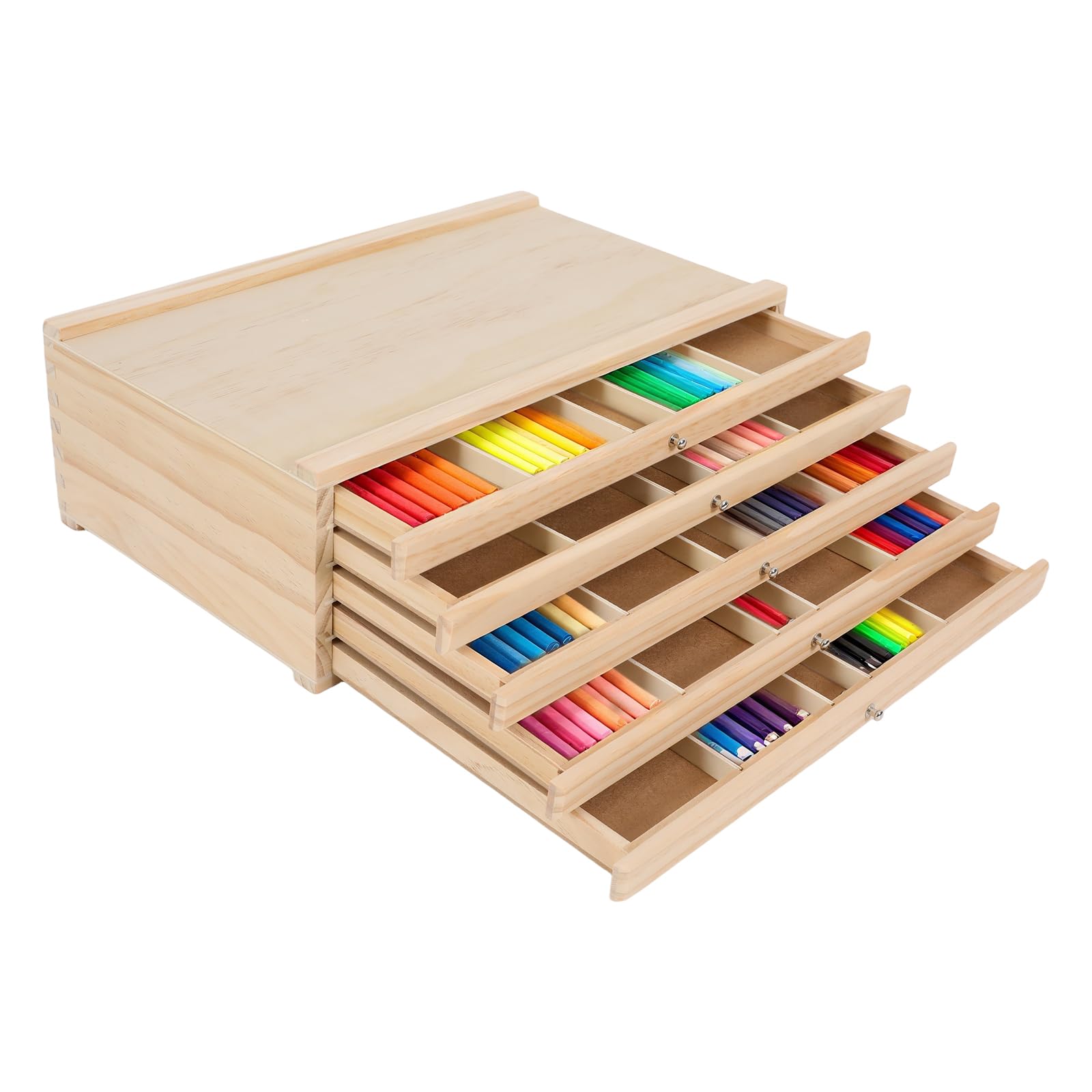 5-Drawer Pine Artist Boîte de rangement – 38 x 25 x 10 cm – Boîte de rangement avec compartiments et tiroir, finition en bois, poignées en métal, organiseur de table pour art, artisanat, bijoux
