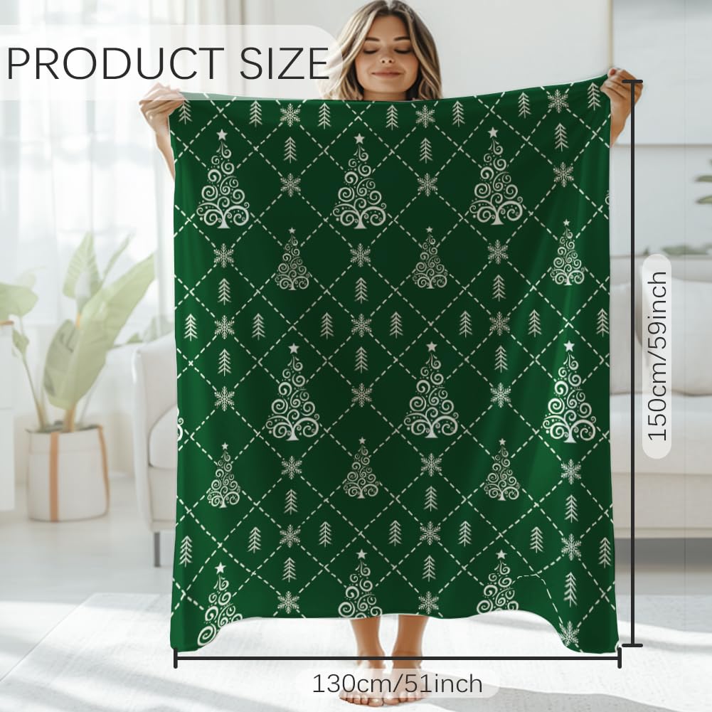 GLOBLELAND Christmas Tree Throw 59x51 inch Snowflakes Cozy Flannel Blanket Green Washable Fuzzy Throw Blanket for Couch Chair Sofa Bed Dorm Bedroom Home Women Man - Image 2