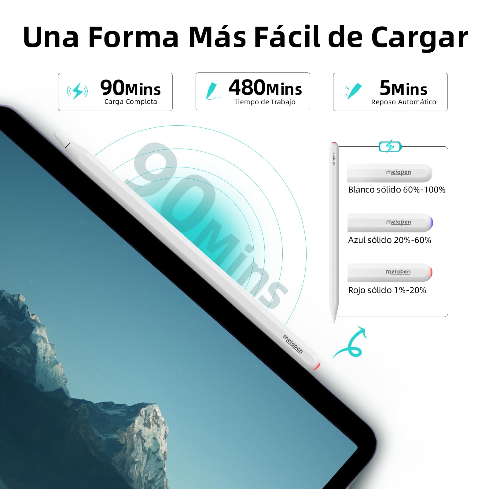 [Solo Compatible con Apple iPad Pro 12.9" (3-6 Gen),11"(1-4 Gen),iPad Air 4 Gen,iPad Mini 6] Metapen A14 Lápiz para iPad con Carga Magnética,Rechazo Palma
