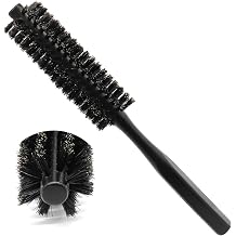 Small Round Brush Black, Boar Bristle Roller with Wood Handle | Scalp Oil Distribution For Shine, Compact Barrel Roots Bangs Short Hair, Frizz Control Heat-Safe, Ergonomic Grip