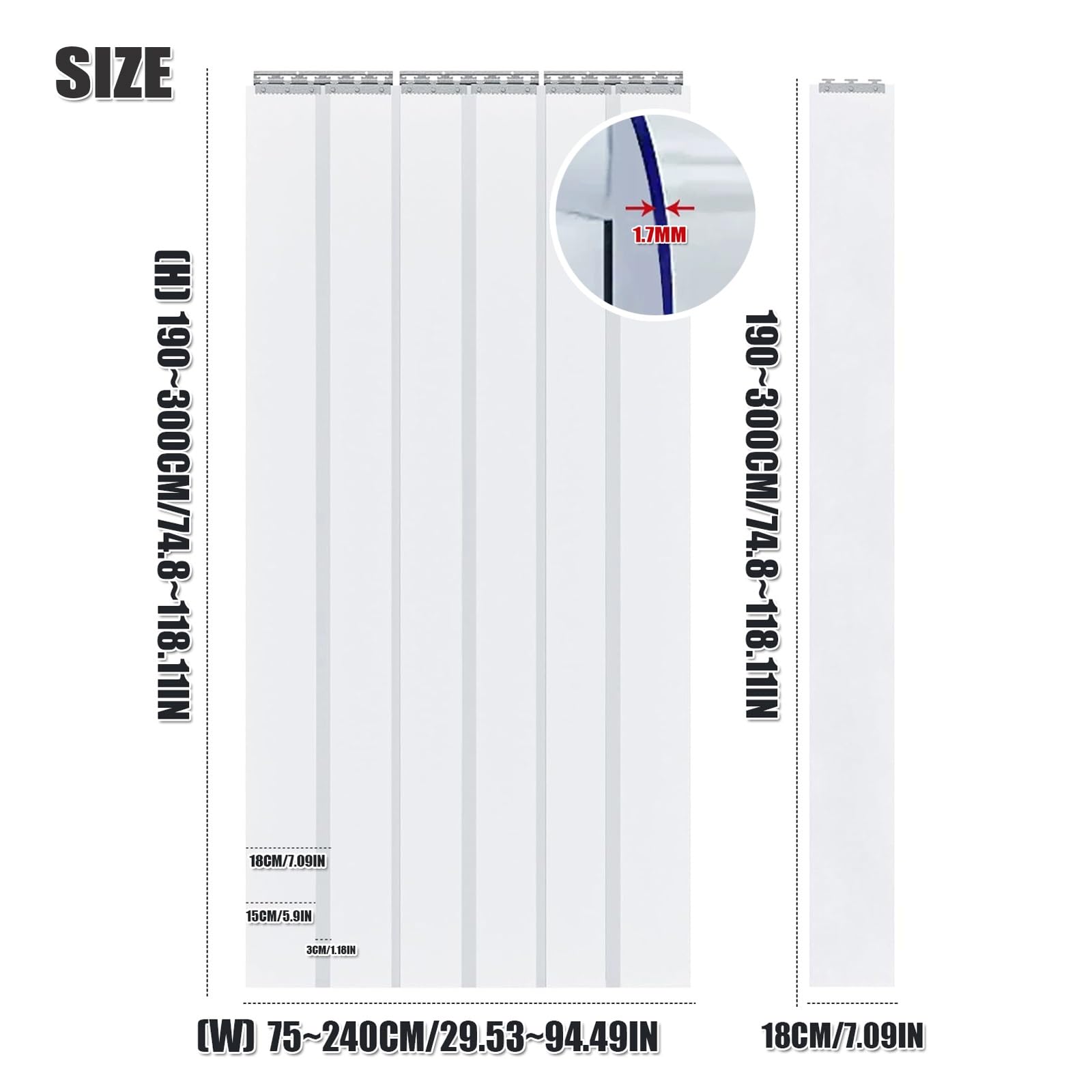 Kit de rideau en PVC robuste de 1,7 mm d'épaisseur pour porte d'entrée, congélateurs et glacières, entrepôt industriel, dimensions : 225 x 300 cm (l x H)