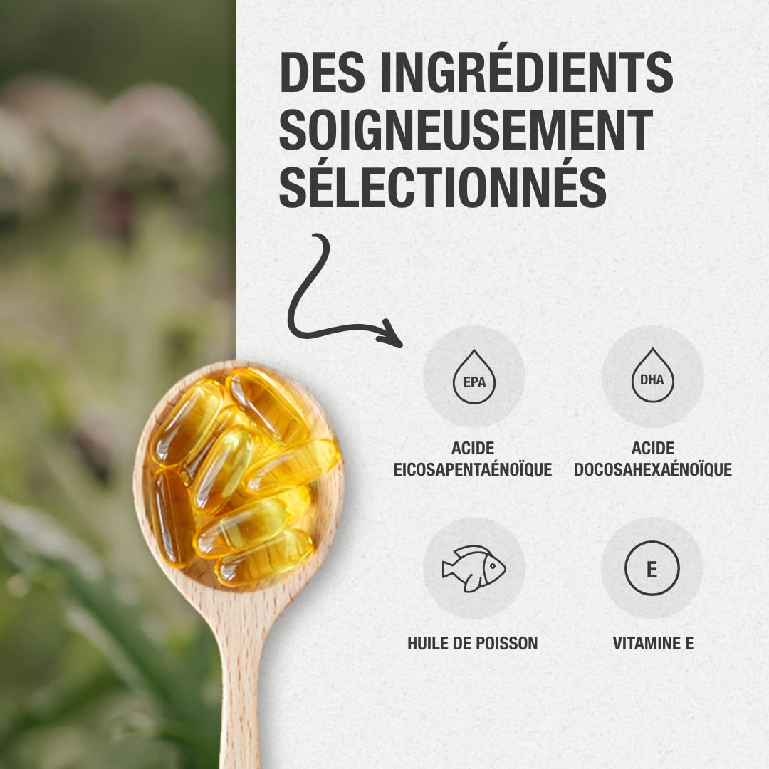 Oméga 3 concentration maximale EPA - DHA. Acides gras oméga 3 (2 000 mg) + vitamine E à base d'huile de poisson sauvage. 120 perles molles