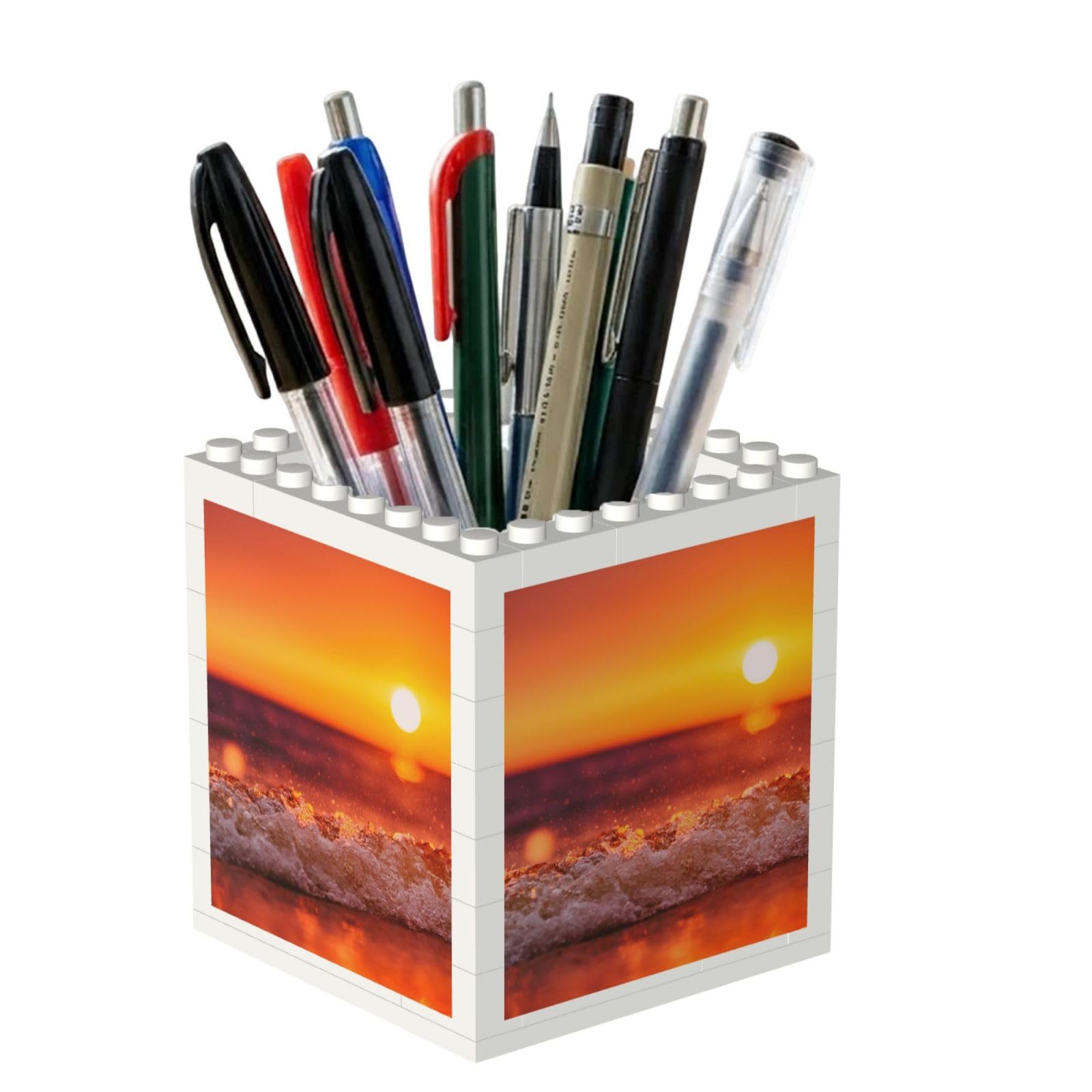 Poadnly Sunset With Sea Waves Printed, Pen Pot Pencil Holder for Office Home School, Compact Desk Organiser for Office Stationery