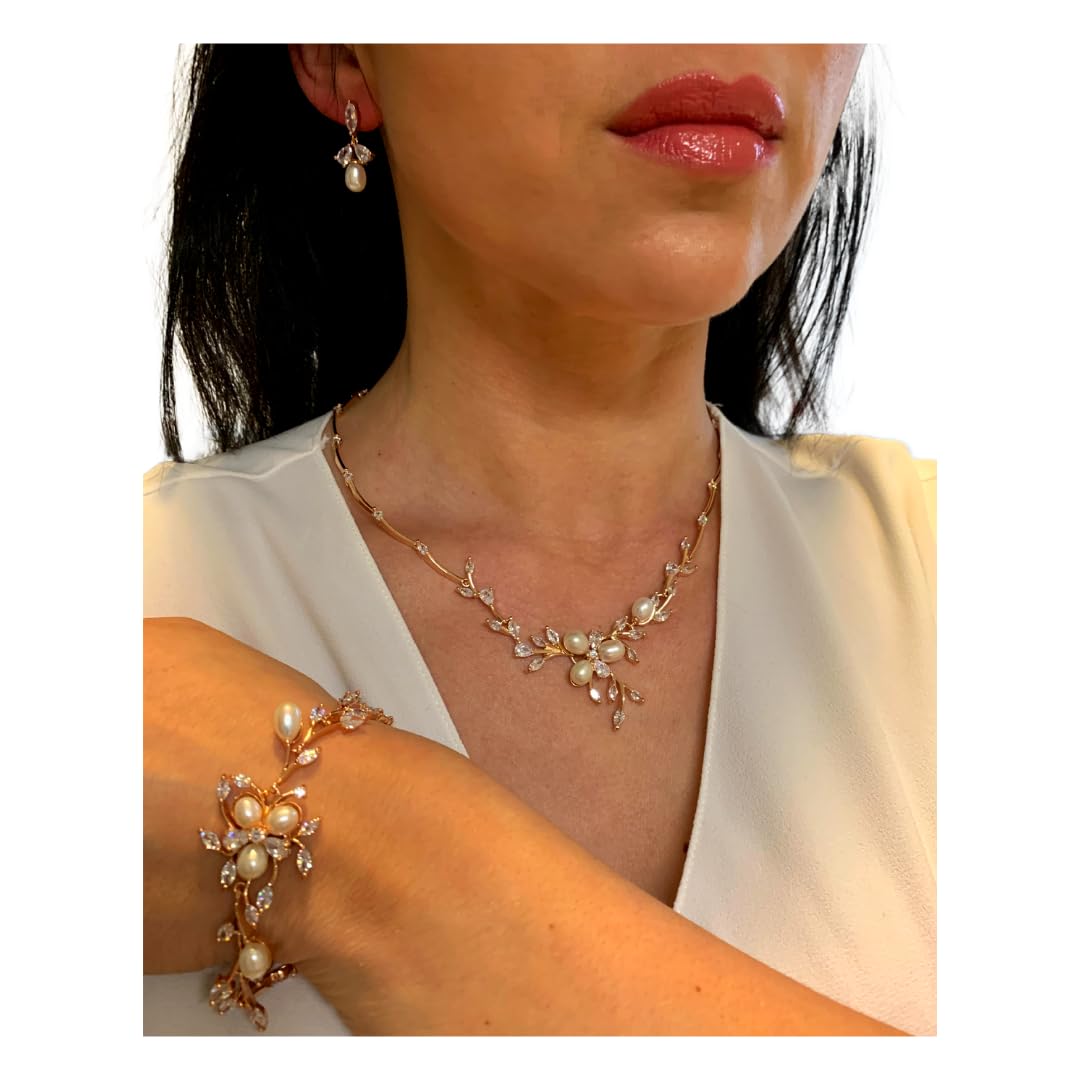 Zirkonia Brautschmuck Schmuckset Collier Rosegold Perlen